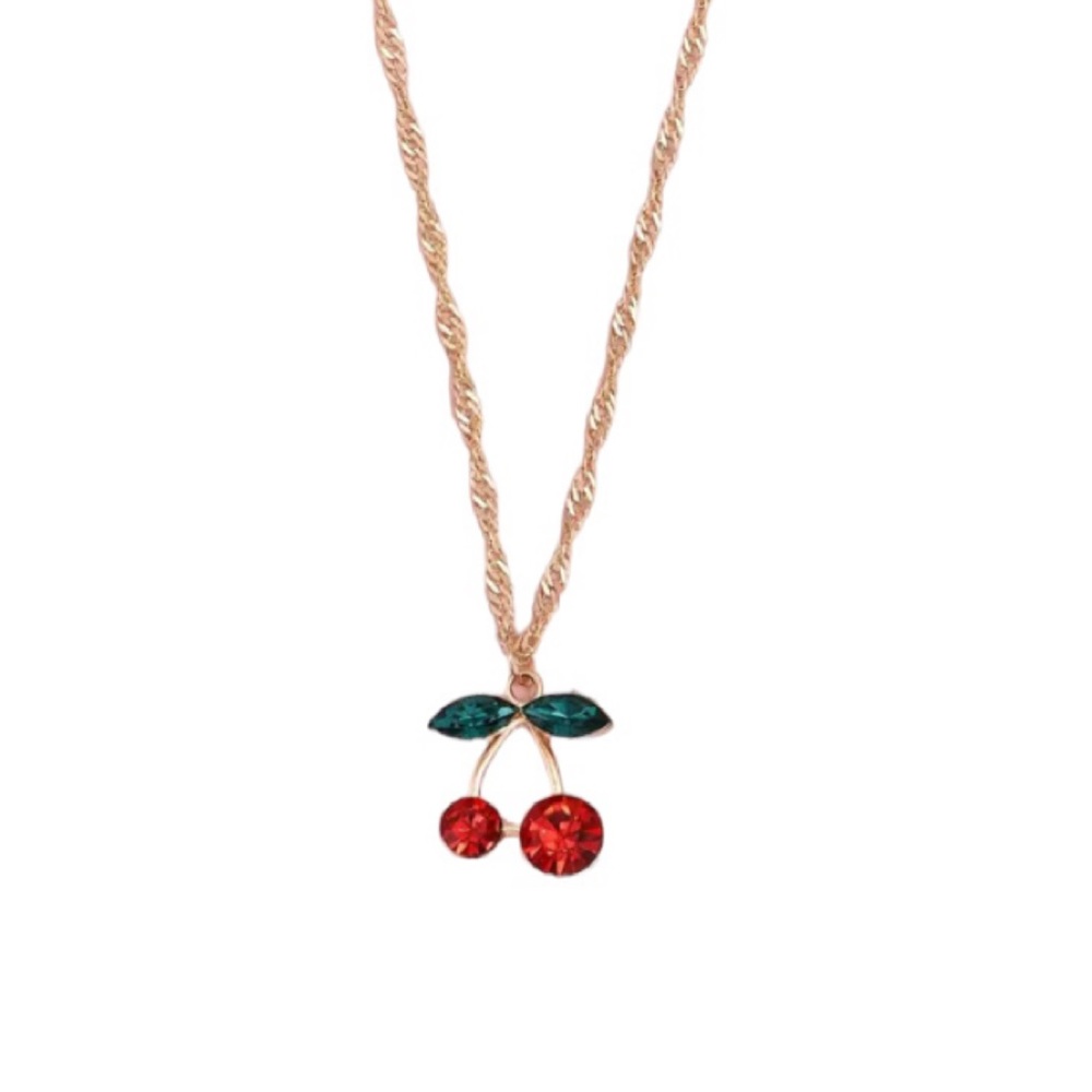 Bright Red Cherry Cherries Gold Toned Necklace